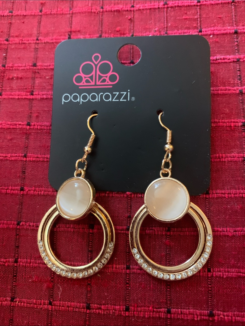 paparazzi Gold Hoop Drop Earrings with Cream Cabochon